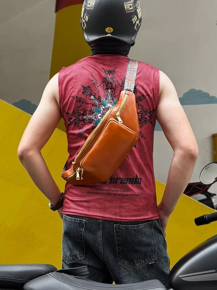 Casual Men New Handmade Cowhide Genuine Leather Zipper Single Shoulder Bag Handbag Crossbody Bag Male Versatile Biker Chest Bags