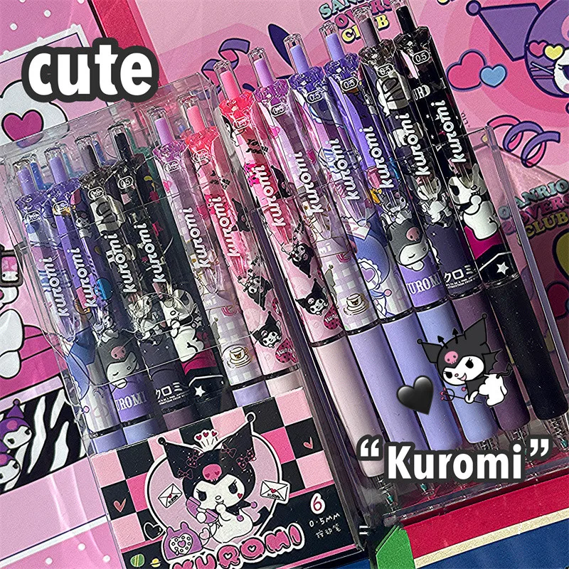 6Pcs/Set Kawaii Sanrio Kuromi Hello Kitty 0.5mm Gel Pens Set Cute Black Pen Cartoon School Student Stationery Supplies Gift