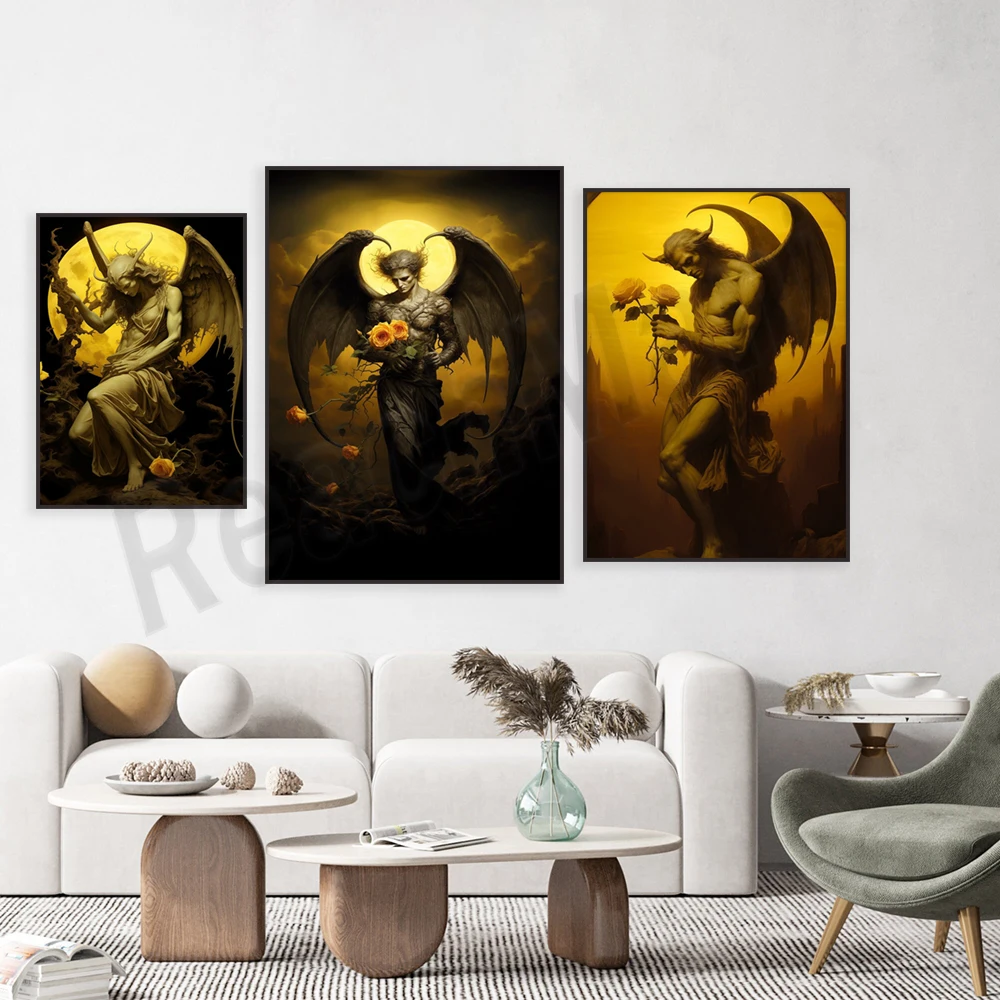 فن الورد الأصفر المتساقط، ملصق حائط ساحرة أكاديمي الظلام الخيالي، لوحة غامضة قوطية، أعمال فنية جحرية وثنية