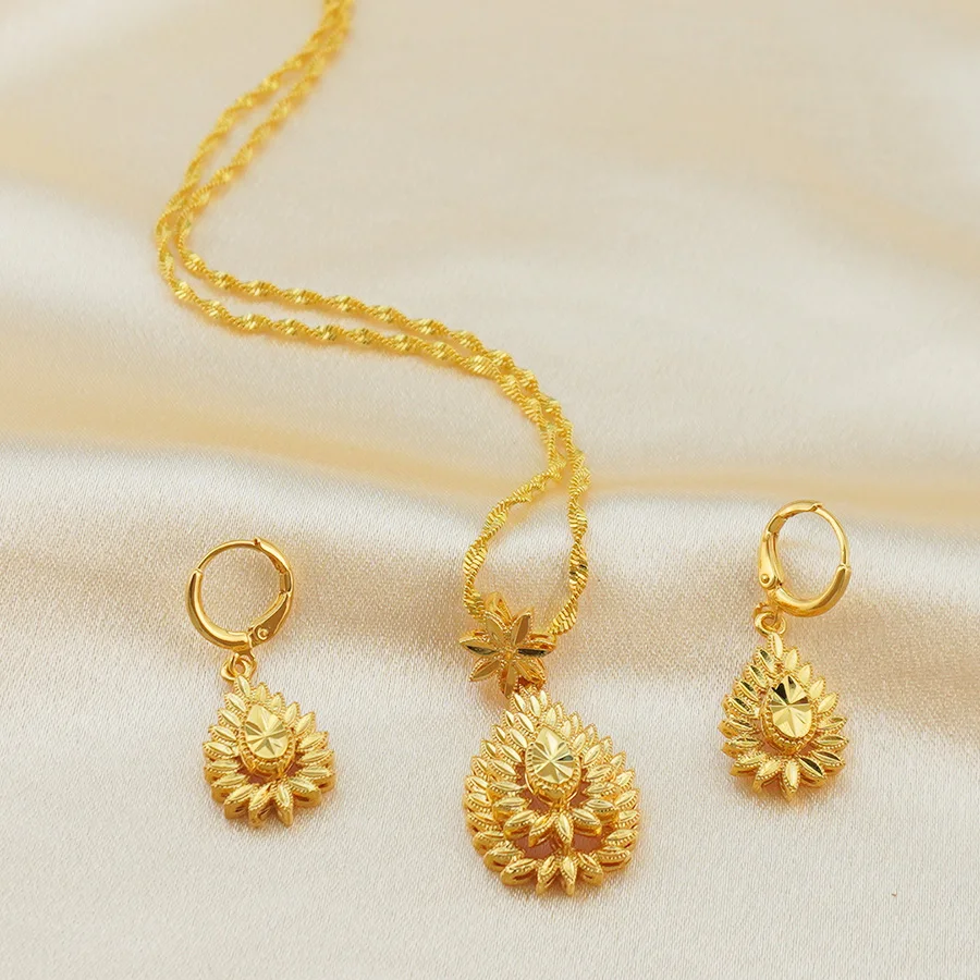 Luxury 18K Gold Plated Sunflower Jewelry Set | Vintage Teardrop Pendant Necklace & Drop Earrings | Dubai Style Bridal Wedding Je