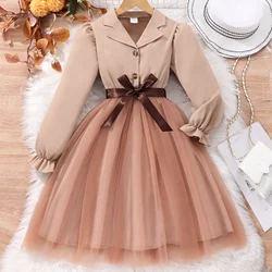 Girls' long sleeved lapel solid color mesh dress with woven waistband