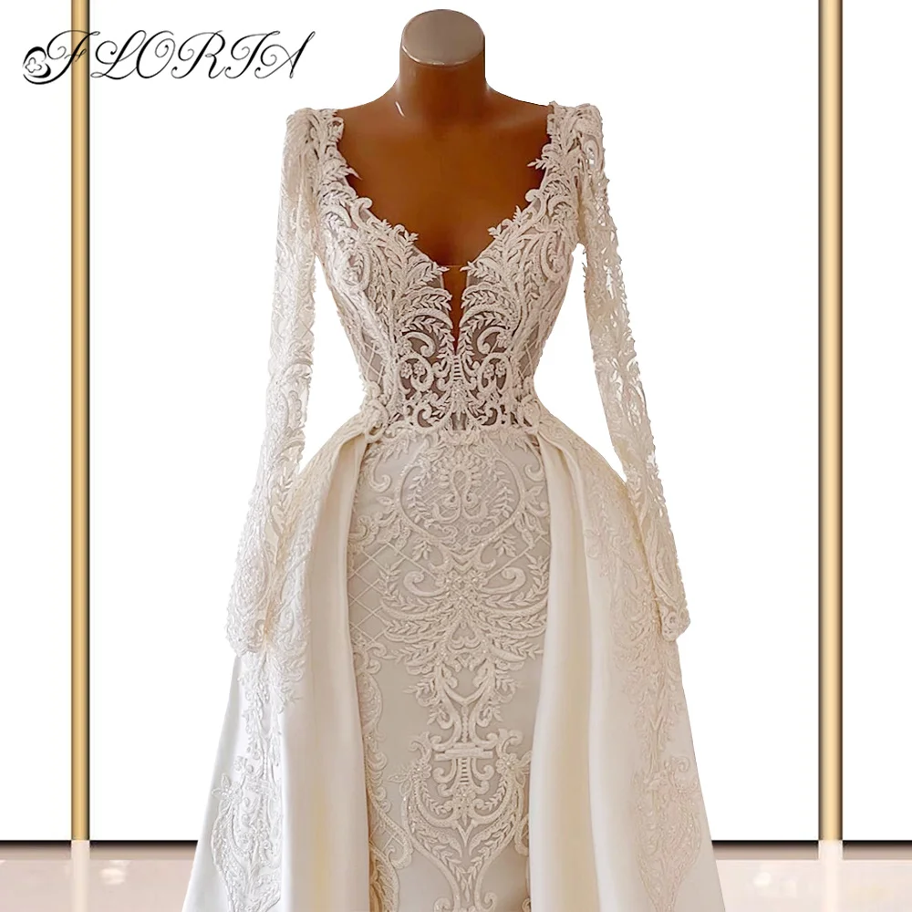 Dubai White Beaded Lace Wedding Dresses 2022 With Overskirt Women Luxury Muslim Mermaid Satin Bride Dress Long Sleeve Party Gown