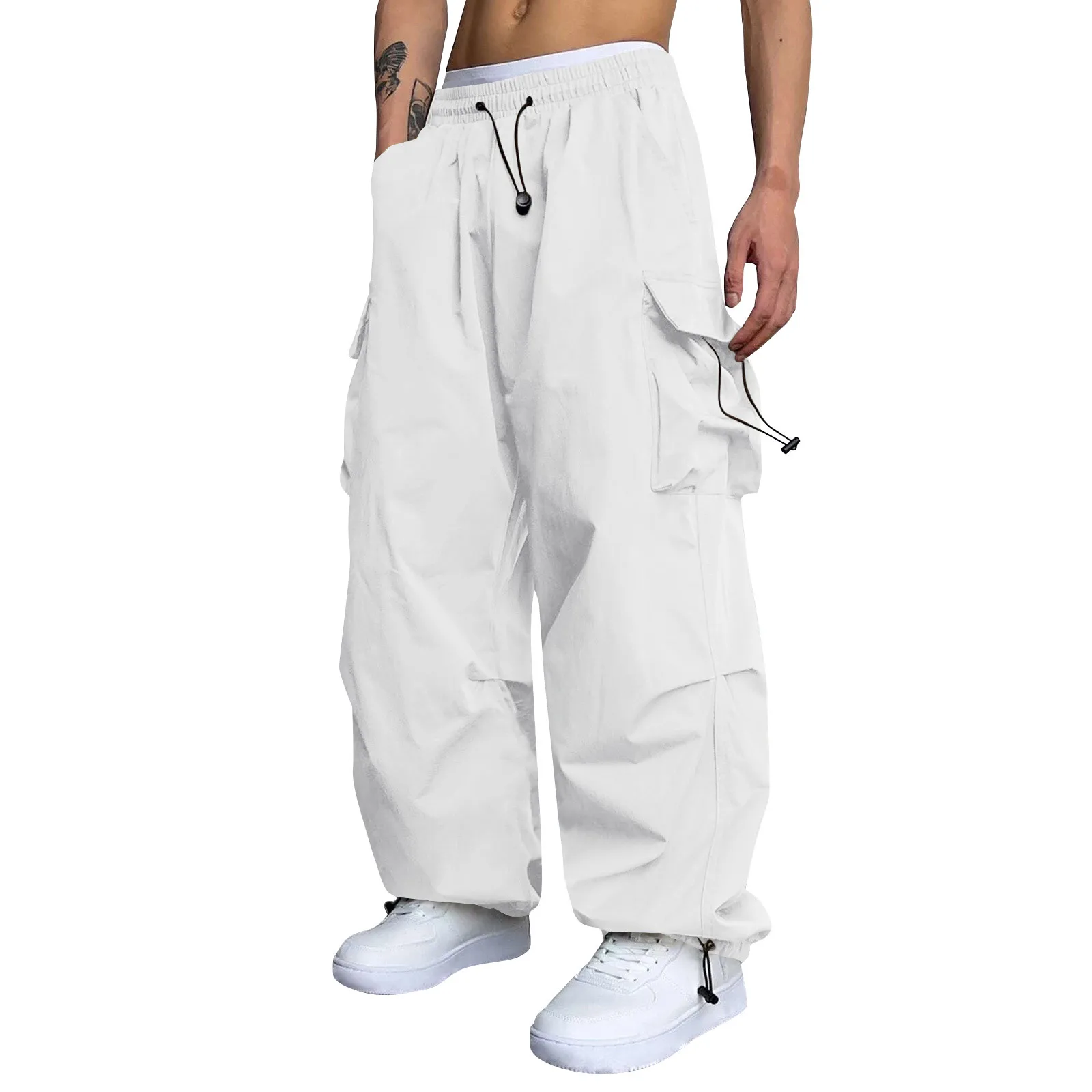 

Cool Streetwear Versatile Quicky Drying Wide Leg Low Waist Drawstring Cargo Trousers Fashion Daily Casual Pockets Pants For Male