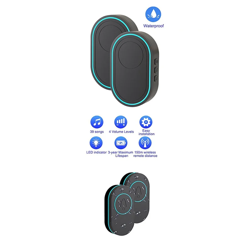 【Buy It-Now!】Wireless Doorbell 433Mhz Waterproof Button Adjustable Volume 36 Melodies Ringtones Indicator Light Remind