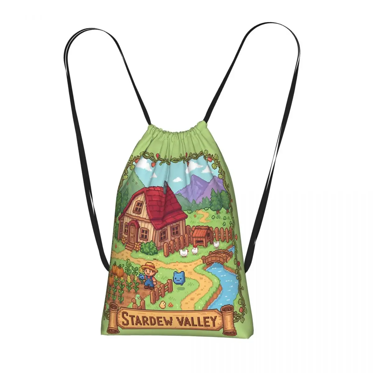Stardew Valley Video Gamer Classic Pixel Art Drawstring Backpack Sports Gym Bag Lightweight Foldable Storage Drawstring Bag