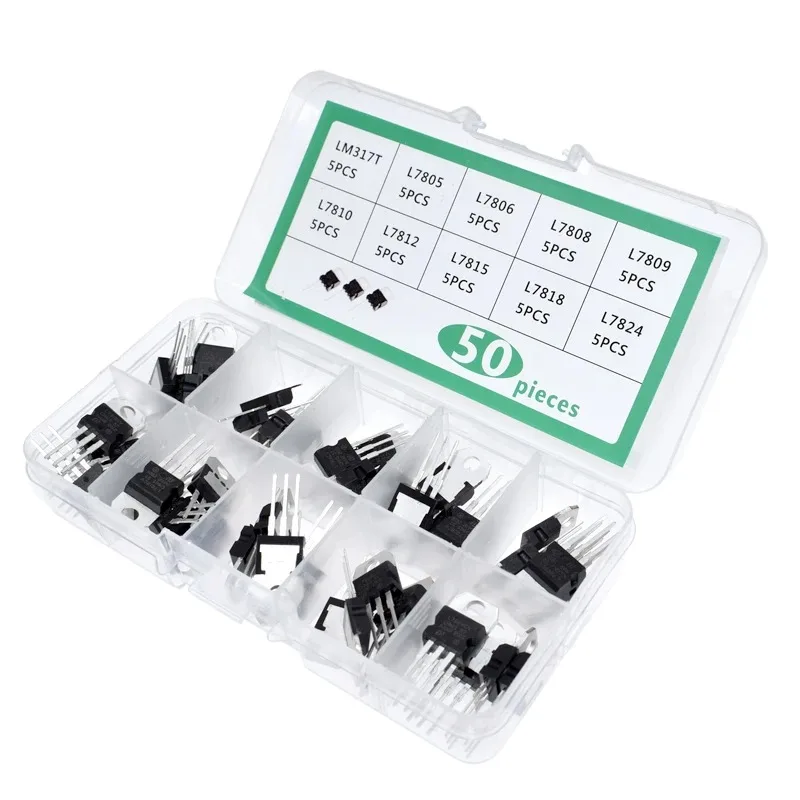 LM317T L7805 L7806 L7808 L7809 L7810 L7812 L7815 L7818 L7824 Transistor Assortment Kit 10value*5pcs  50PCS Voltage Regulator Box