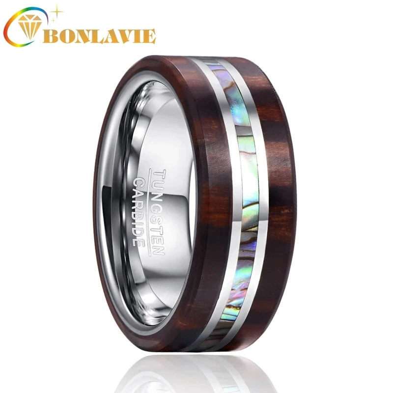 BONLAVIE Men\'s Engrave Name Rings 8MM Ebony Wood Grain Natural Abalone Shell Tungsten Steel Ring Wedding Band Boyfriend\'s Gift