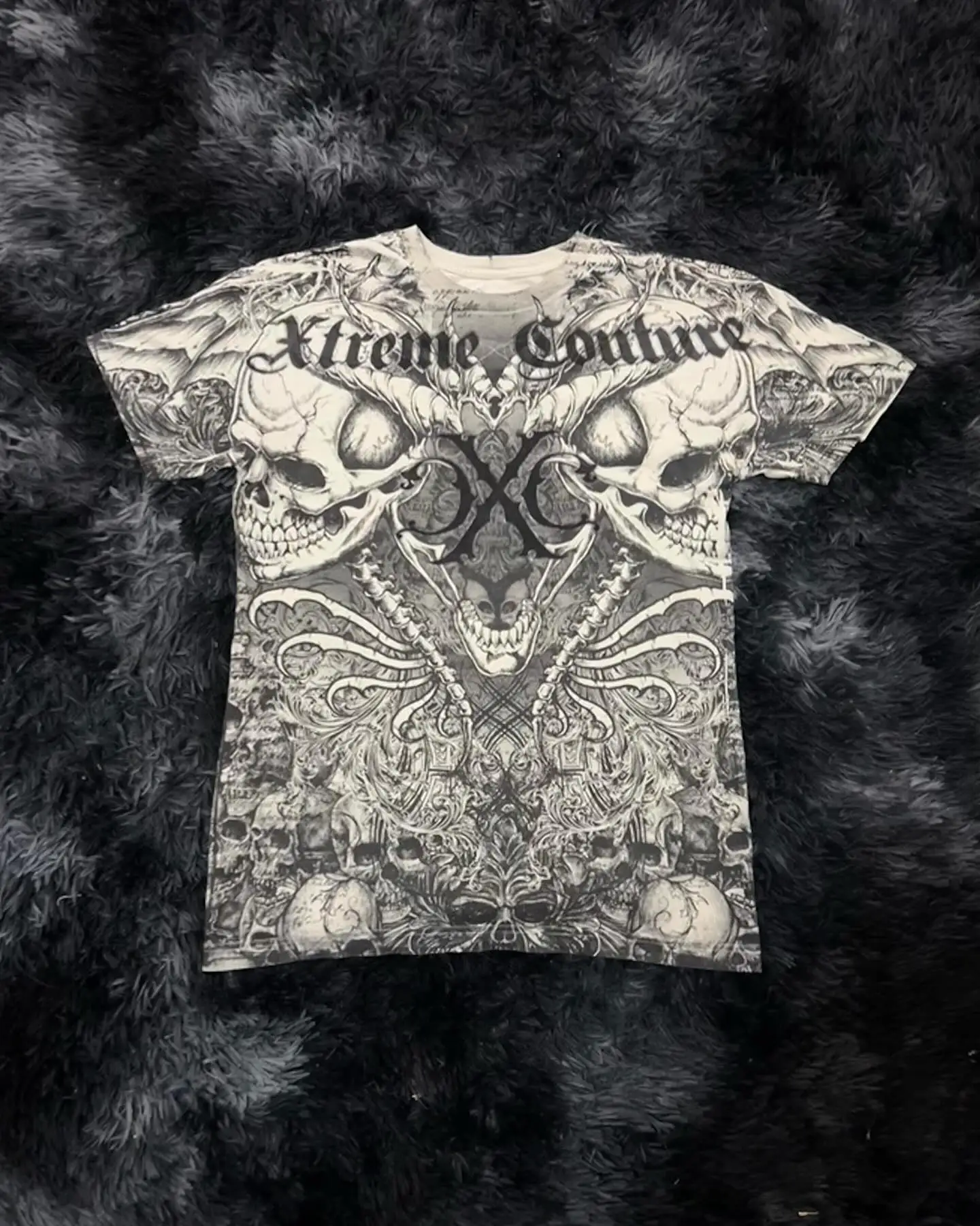 Xtreme Skull-Covered Printed T-Shirt Men American High Street Hip Hop Loose Short-Sleeved Double-Sided Graffiti Street Wind Tops