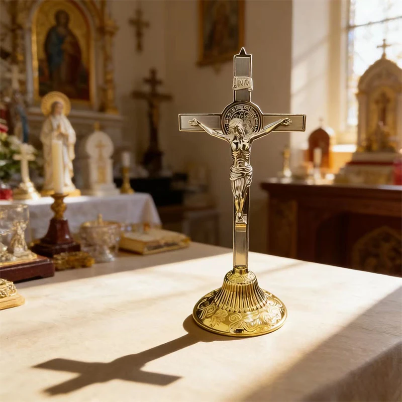 Two Tone Gold Silver Orthodox Table Crucifix with St. Benedict Medal and INRI Inscription for Church Home Altar Prayer Devotion