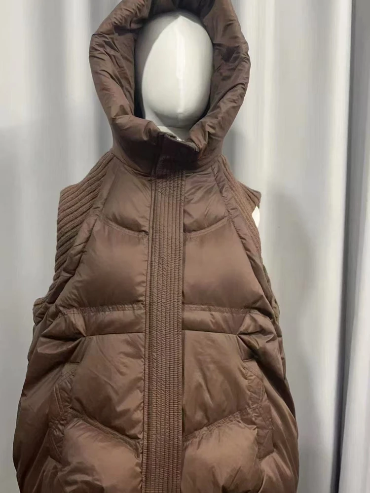 Winter Versatile Down Vest For Women Hooded Knitted Sleeveless Spliced Solid Color Coat Casual 2025 New Clothing Jacket