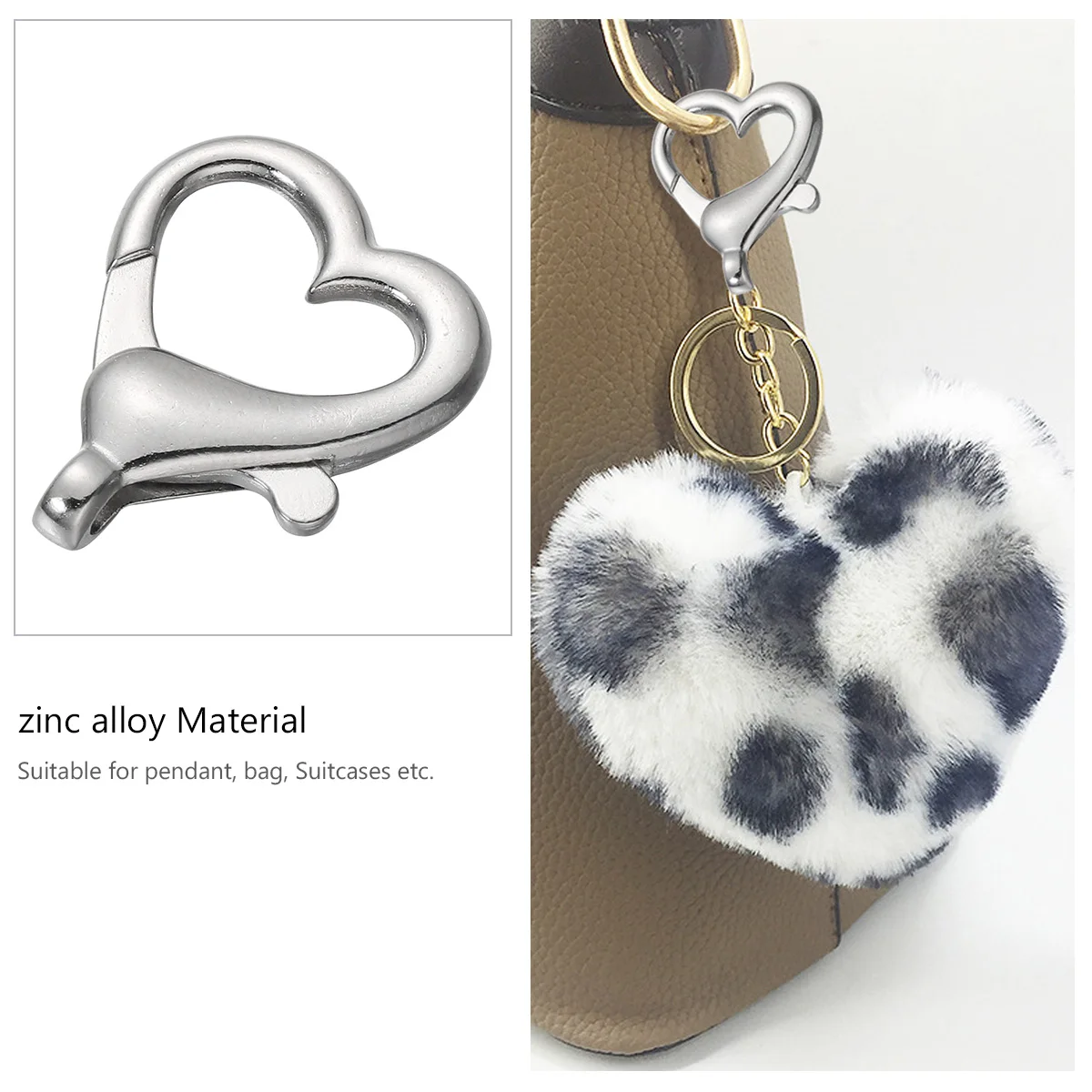 

10pcs Heart Shaped Zinc Alloy Buckle Silver Color Durable Lightweight Key Ring Parts Suitable for Pendant Bag Suitcases Jewelry