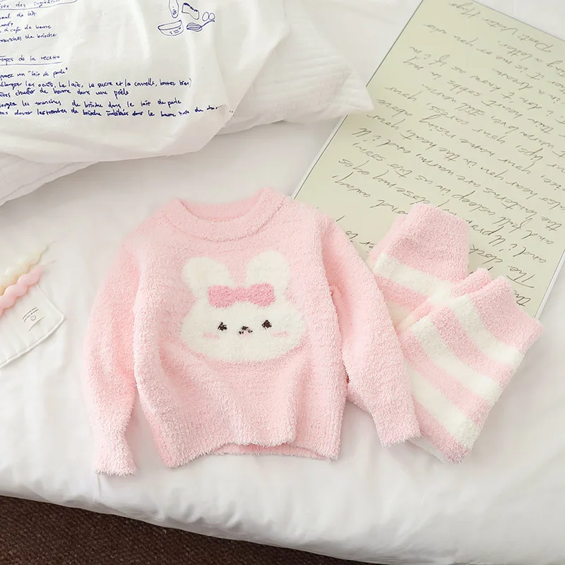 

Осенне-зимний детский пижамный комплект из двух предметов для девочек, жаккардовый детский топ с кроликом для маленьких девочек, розовая полосатая домашняя одежда, брючная одежда