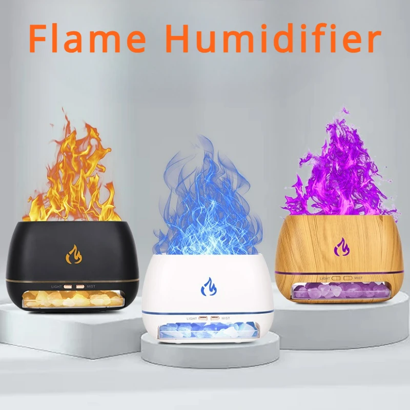 

New Flame Humidifier Aromatherapy Machine Salt Stone Seven Color Simulation Flame Ultrasonic Diffuser Air Humidifier Heavy Fog