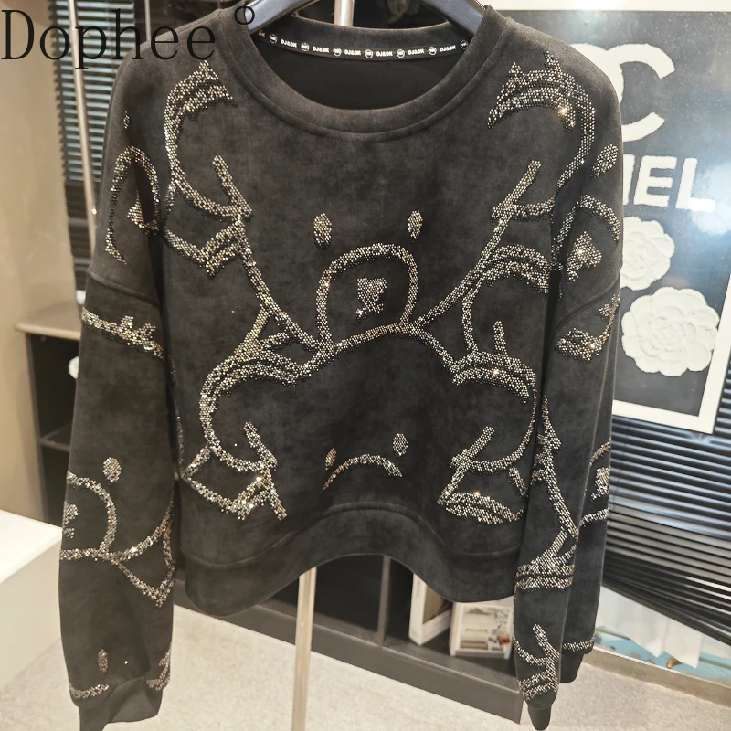 

New Autumn Winter Full Diamonds Loose Short Hoodie Top Lazy Wind Hot Drilling Bear O-neck Pullover Top Long Sleeve Sweatshirt