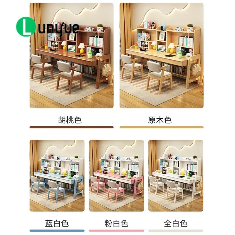 Solid wood double desk bookshelf integrated children's study table multi-person combination primary school students writing