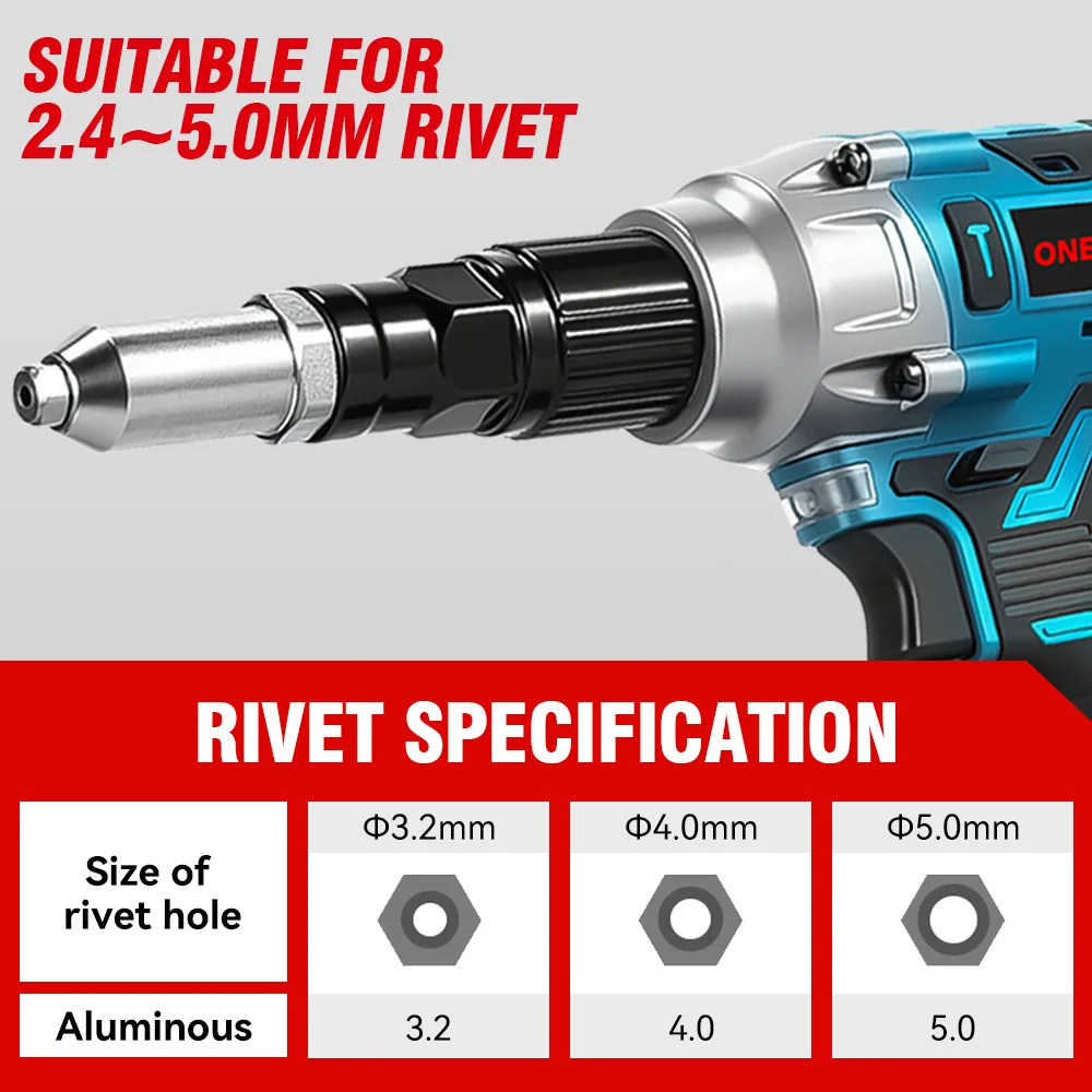 ปืนยิงรีเวทไร้สาย ONEVAN 25000N แบบไร้แปรงถ่าน พร้อมไฟ LED ใช้กับแบตเตอรี่ Makita 18V