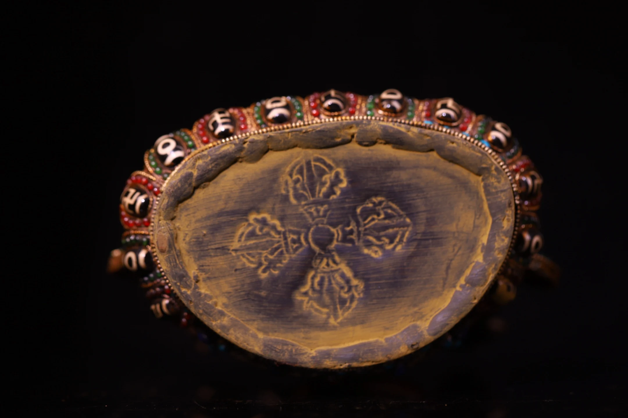 Old Bronze Mosaic Gem gZi Beads Turquoise Tibetan Silver Filigree White Tara Sitting Buddha Lotus Terrace Worship Hall