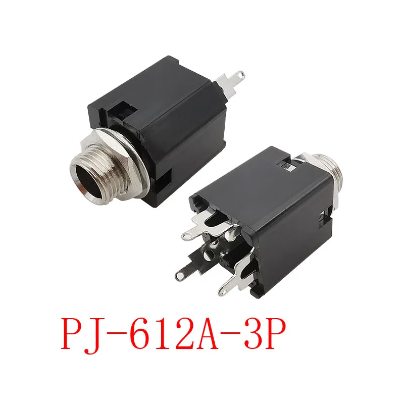 PJ-612A 6.35mm Female Jack 3 Pin Stereo Connector Nut Panel Mount Audio Headphone Microphone Guitar 1/4 Inch TRS Socket Black