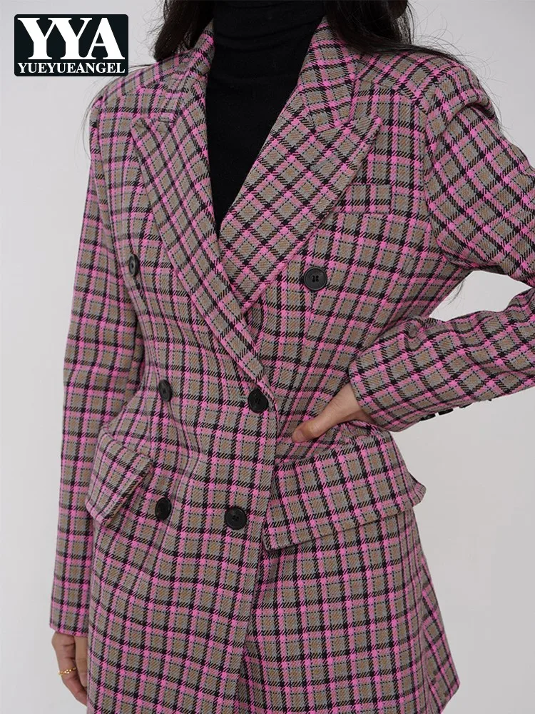 Vintage Plaid England Style Wool Blend Blazers Women Streetwear Double Breasted Outerwear Office Lady Slim Fit Suit Jackets