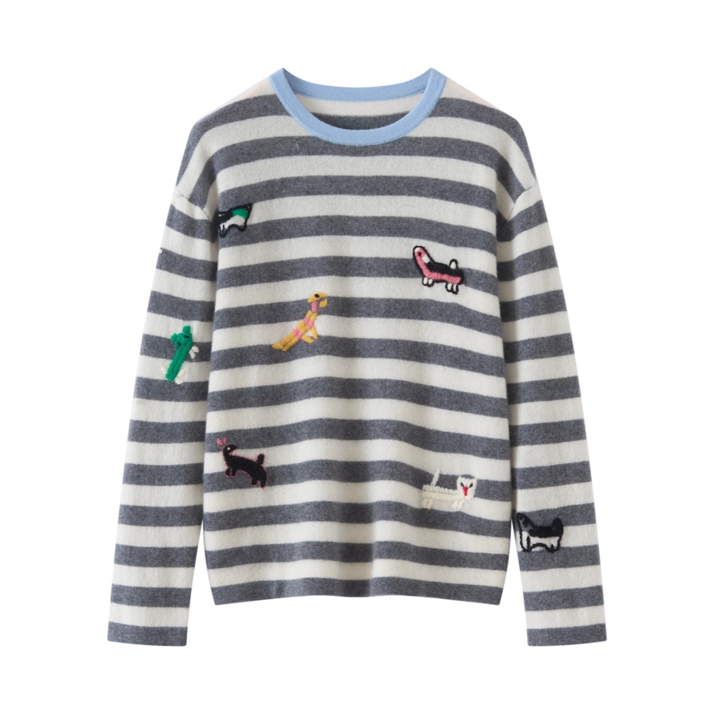 

100% pure cashmere sweater, European handcrafted animal cartoon color-blocking base layer, thickened striped sweater