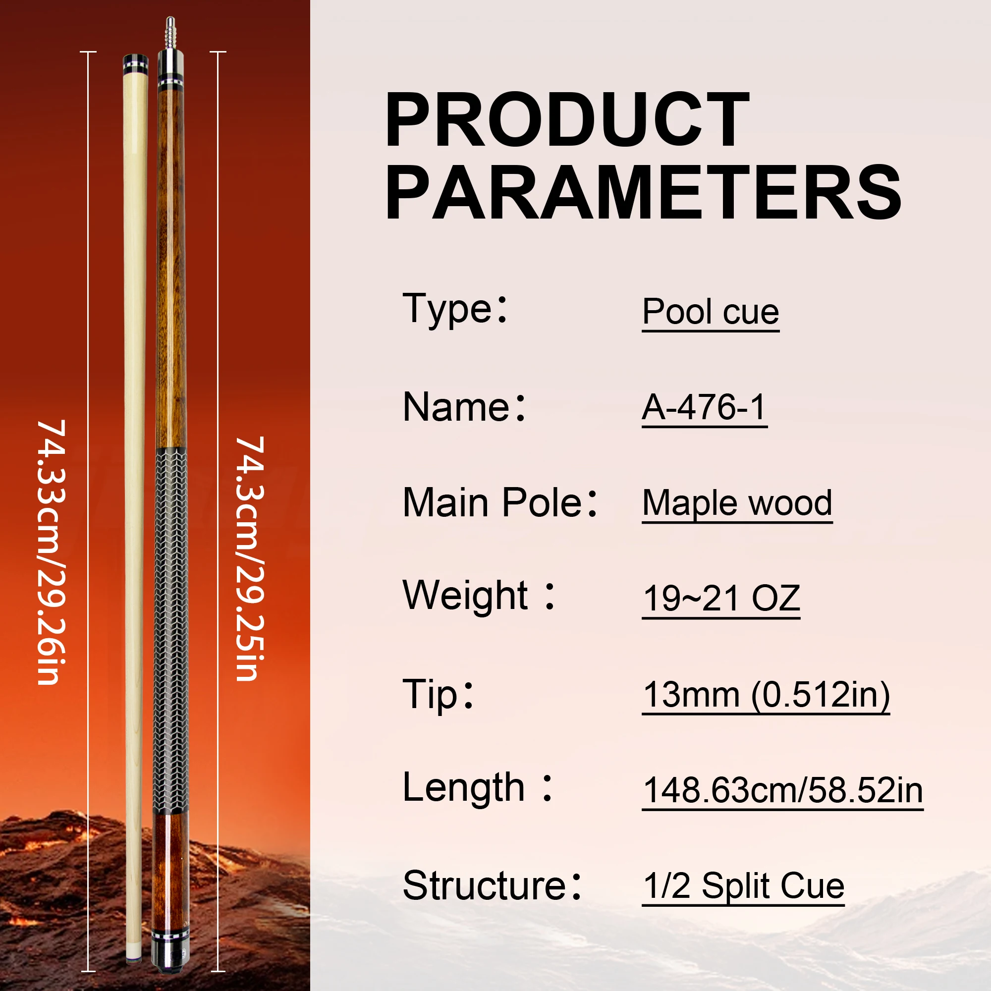 58.52in 3D Grip Hard Maple Brown Billiards Pool Cue Professional Anti Sweat and Anti Slip for Nine Balls Carom Competition Games