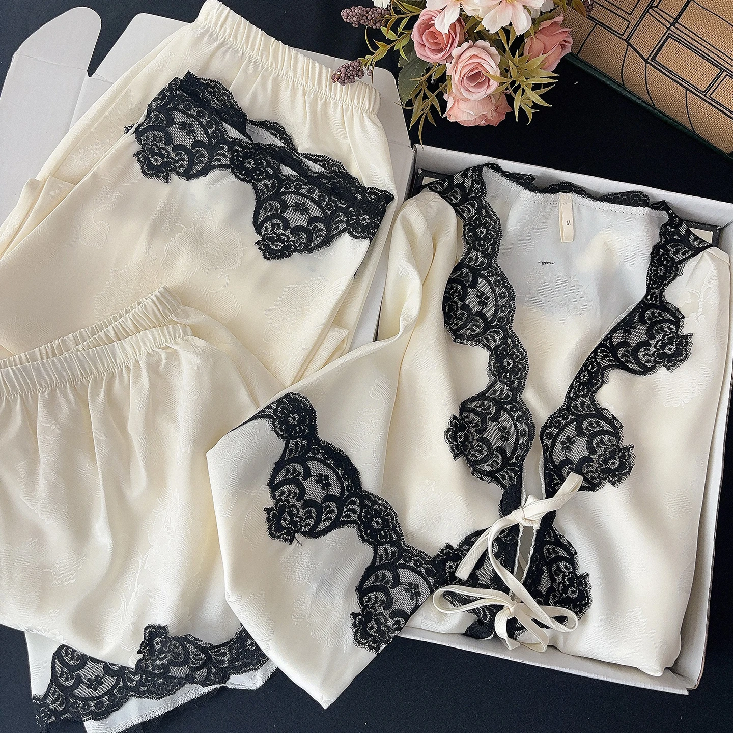 2025 summer new lace ice silk sexy suspender cardigan pajamas women's four-piece casual comfortable homewear