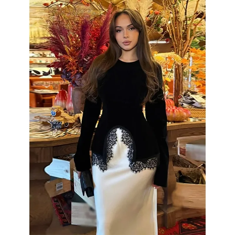 

2026 new edition Elegant Velvet Lace Patchwork Shirt Women Back Bandage O-neck Irregular Hem Slim TopsSpring Lad Clothes New