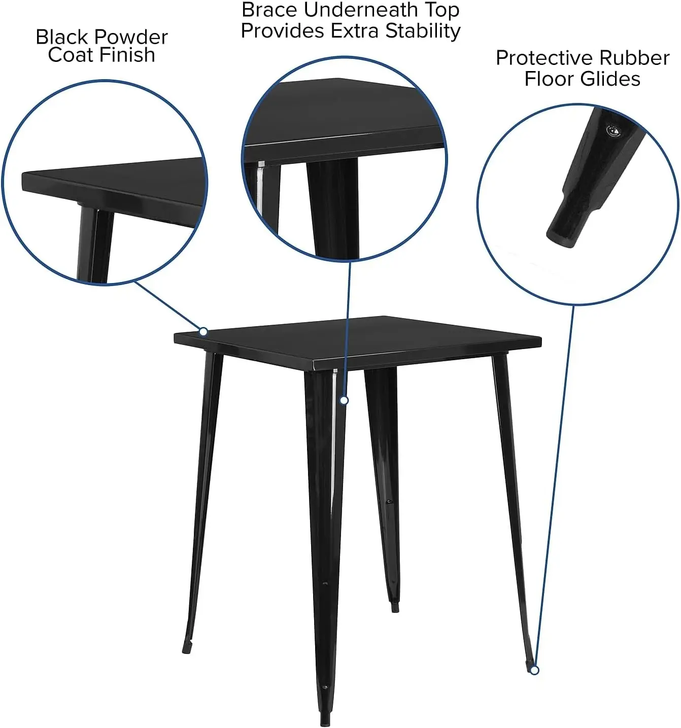 Mesa quadrada de altura de barra interna e externa de metal preto de grau comercial de 31,5"