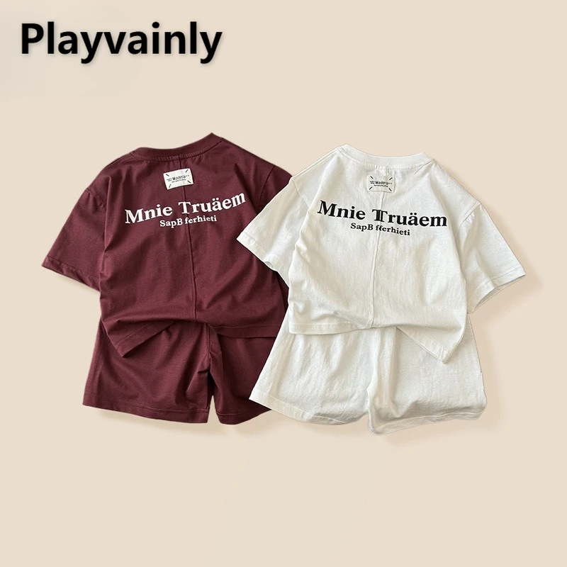 

Комплекты футболок с надписью для мальчиков в корейском стиле, новинка 2025, летние фиолетовые, белые топы с круглым вырезом и короткими рукавами и шорты, детская одежда A02629