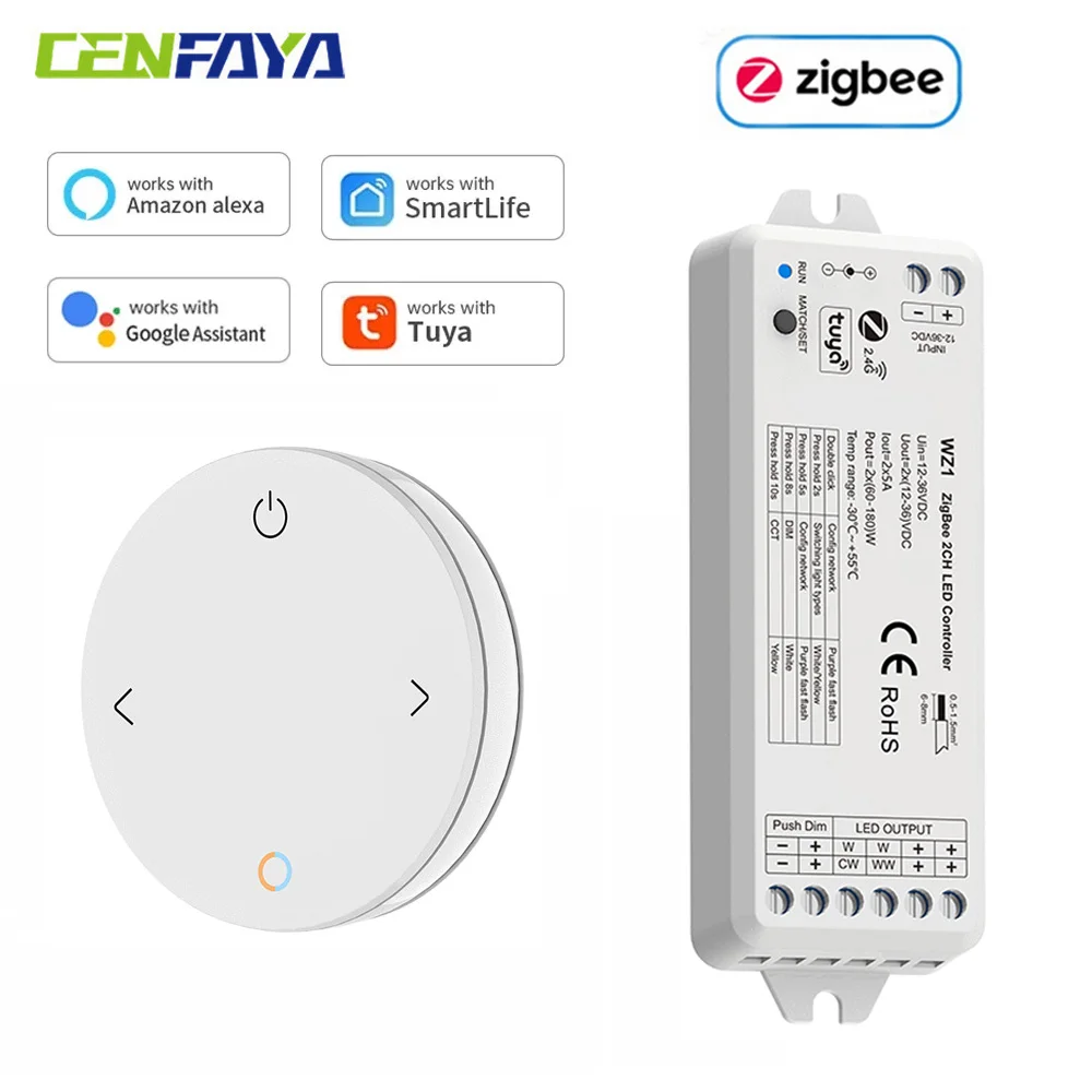 

Tuya Zigbee Led Dimmer Controller 12V 24V CCT Single Color Strip 2.4G RF Round Remote Smart Life APP for Alexa Google Assistant