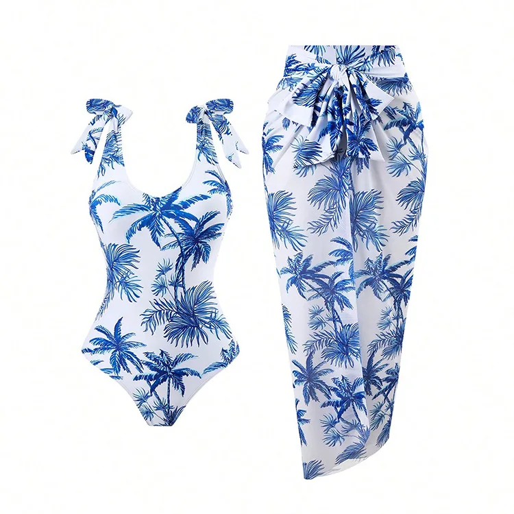 Plus Size Printed Backless Bikini Set Women Split Beach Swimwear