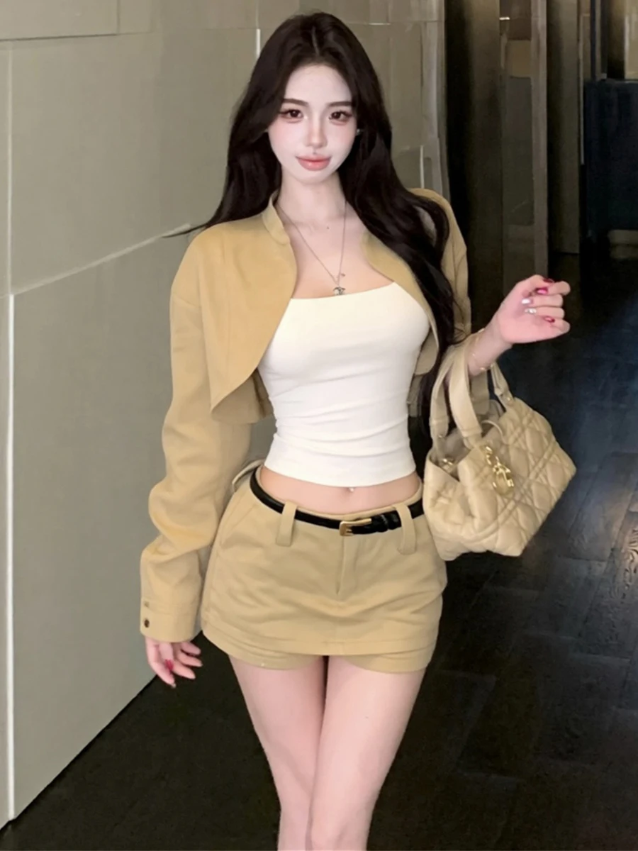 Autumn Winter Slim Fit Jacket Top High Waist Short Skirt Belt Fashionable Three Piece Set Women's Casual Workwear Uniform