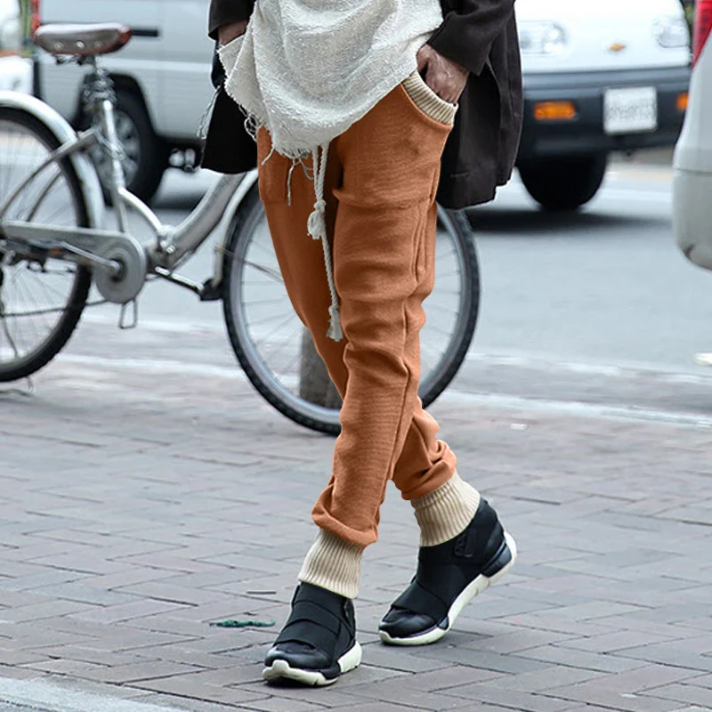 

Casual Drawstring Lace-up Knit Trousers Men Vintage Contrast Color Jacquard Patchwork Pants Mens Spring Fashion Knit Sweatpants