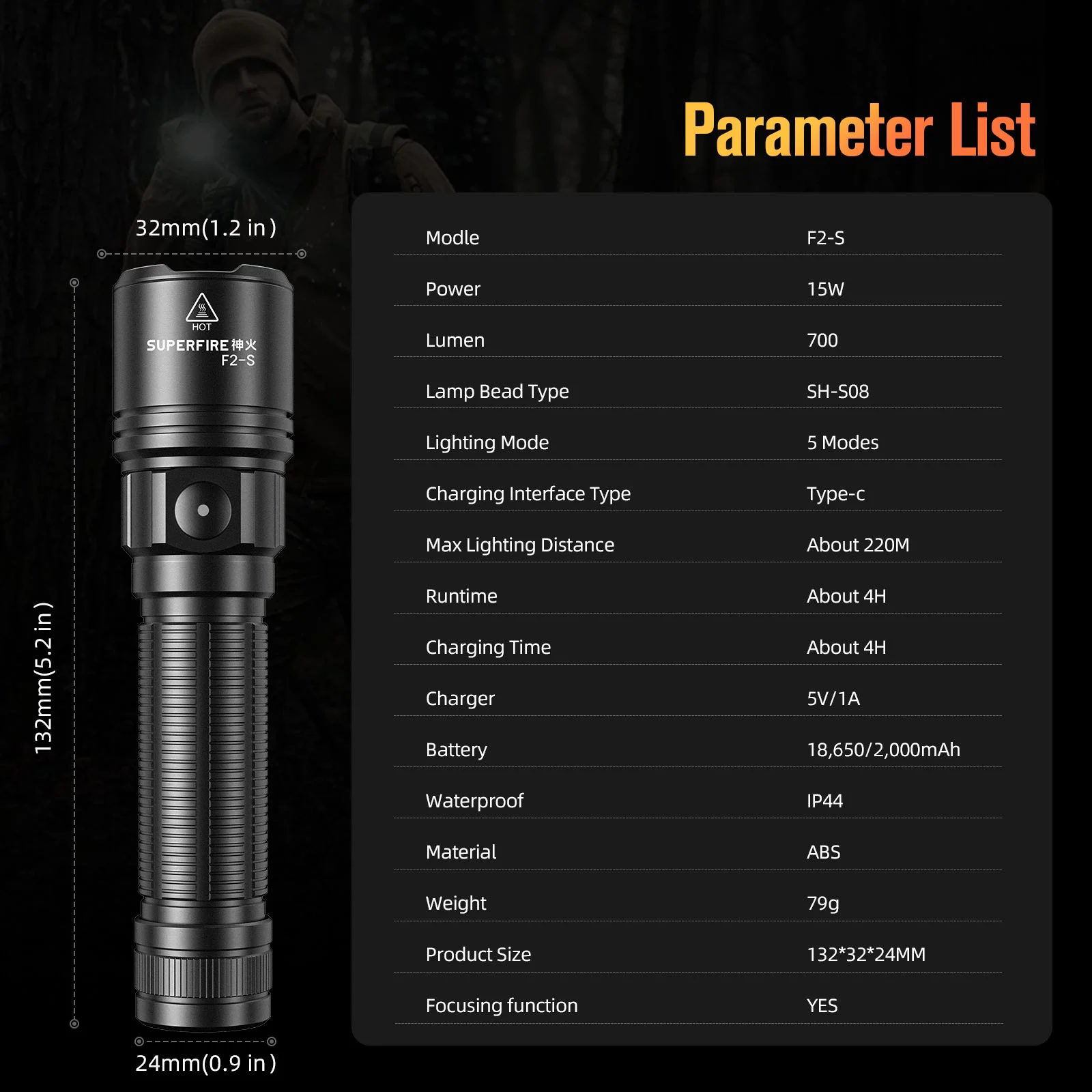 SUPERFIRE F2-S Series Flashlight LED Rechargeable Torch Zoomable Aluminum Alloy Super Bright Light Lamp Portable Work Light