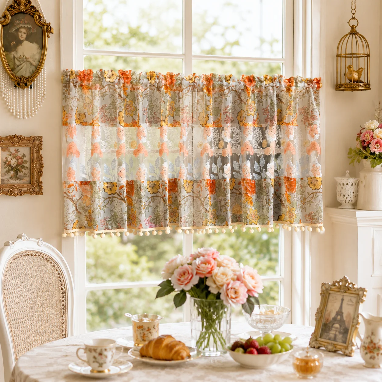 White Orange Floral Sheer Vala - đánh giá và giá Embroidery Kitchen