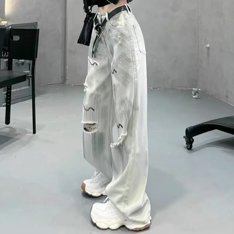 

High Street Graffiti Straight Hole Jeans Female Tide Thin High Waist Loose Wide-leg Pants in Summer