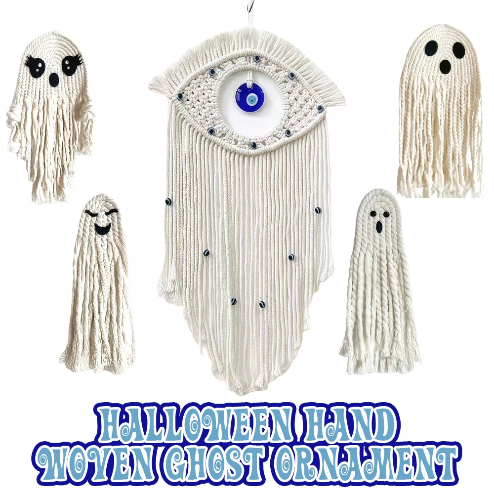

Handmade Halloween Ghost Wall Hanging Boho Cotton Rope Decor Macrame Style Spooky Hanging Decor Evil Eye Party Wall Ornament