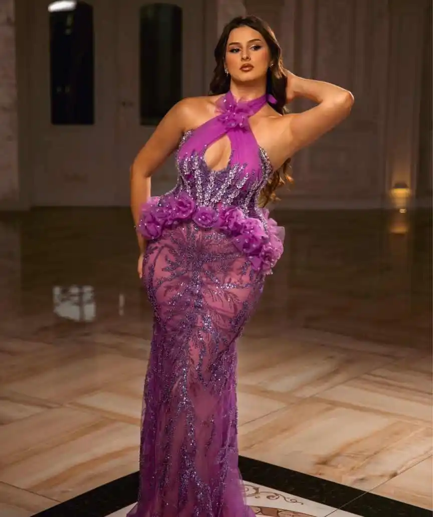 섹시한 크리스 크로스 크리스탈 댄스 파티 드레스 꽃 민소매 스팽글 레이스 이브닝 가운 바닥 길이 파티 드레스 맞춤형