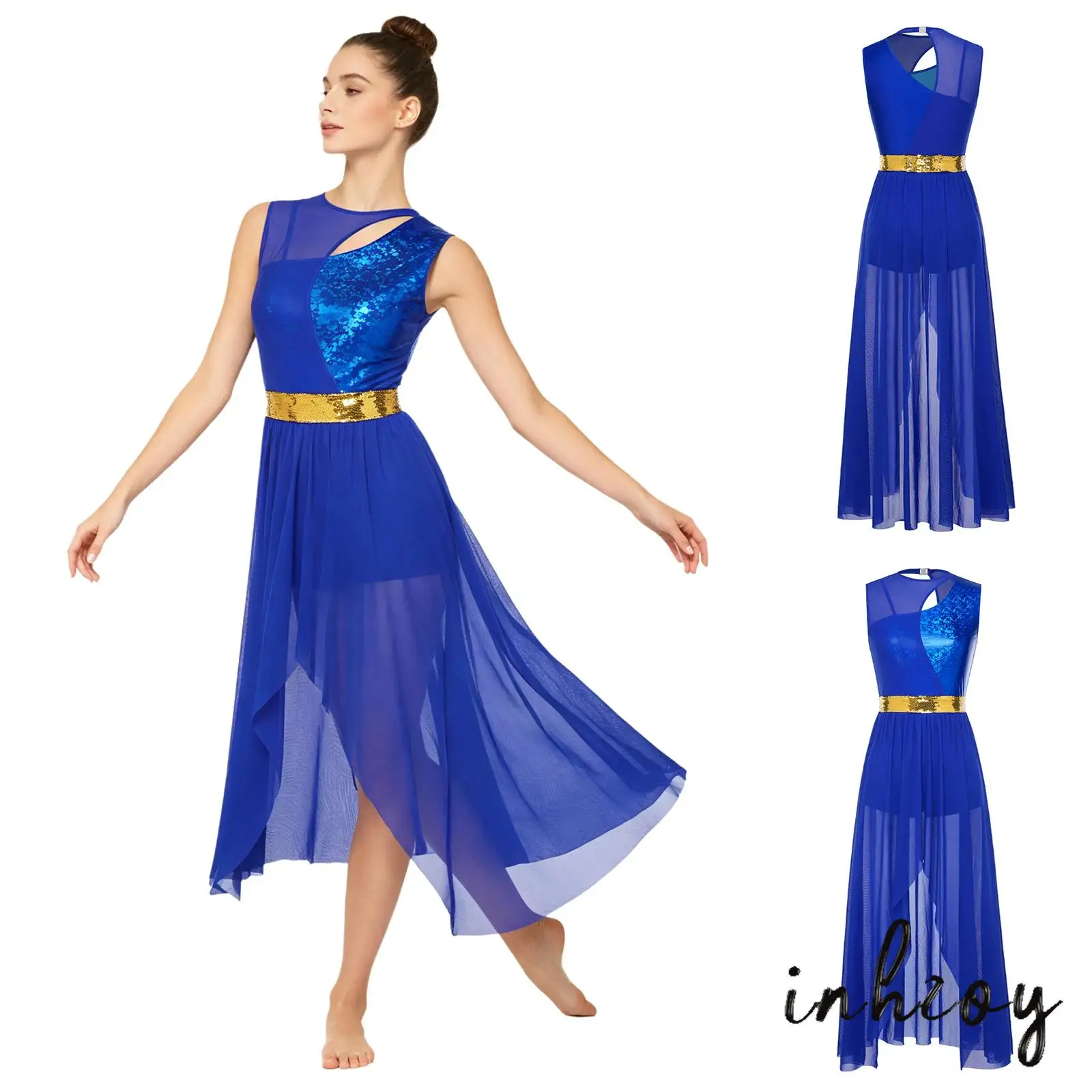 

Womens Liturgical Praise Dancewear Sleeveless Metallic Shiny Dress with Sequined Belt for Stage Ballroom Prom Dance Performance
