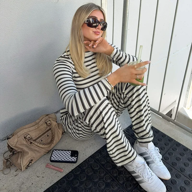 

Women's Casual Striped Trousers Suit 2 Piece Slim Long Sleeve Pullover T shirt Top Fashion High Waist Pants Female Set