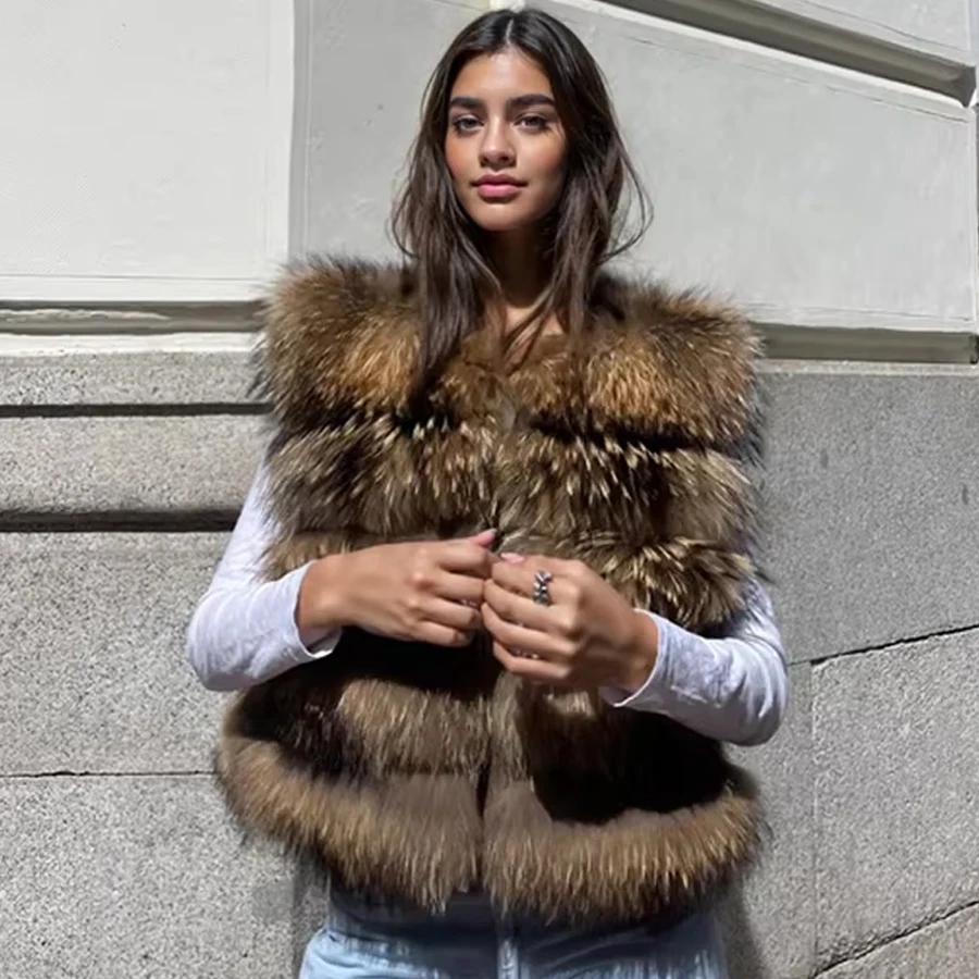 

Жилет из натурального меха енота, укороченная меховая куртка, короткие жилеты из натурального меха енота, самые продаваемые меховые жилеты без рукавов для женщин