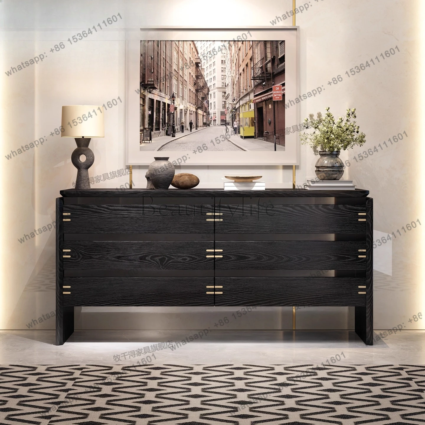French vintage style solid wood entrance marble storage multi-drawer cabinet