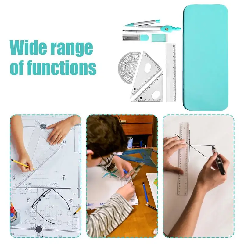 Juego de reglas con caja de hierro inastillable para estudiantes, transportador de matemáticas preciso y brújula, juego de geometría de matemáticas, Kit de geometría, 7X