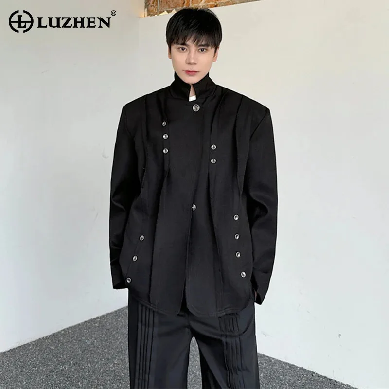 LUZHEN Men's Elegance Ruched Splicing Design Blazer Outwear High Quality 2025 Fashion Street Original Solid Color Jacket LZ6786