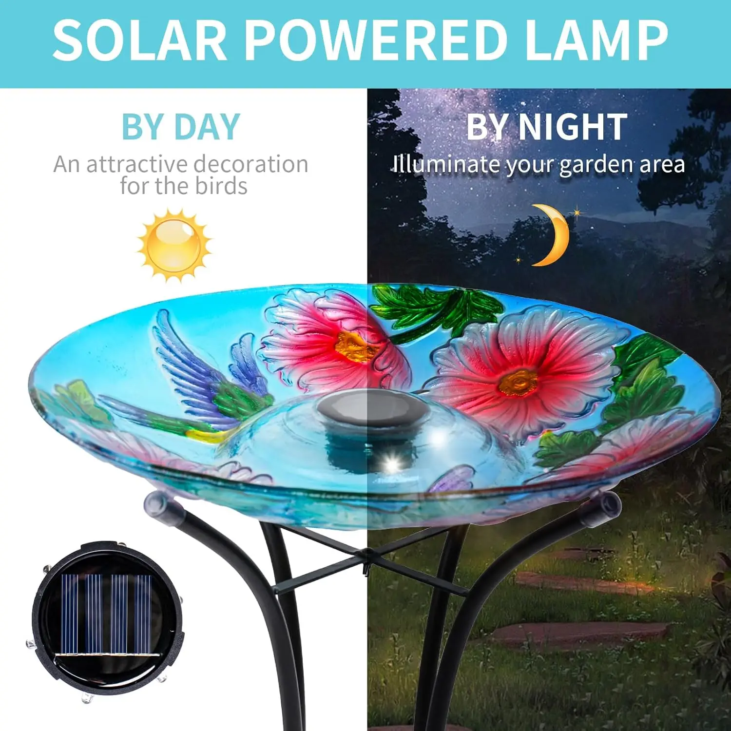 حمام الطيور الزجاجي الذي يعمل بالطاقة الشمسية مع أضواء LED وحامل معدني لديكور الحديقة، يجذب الطيور