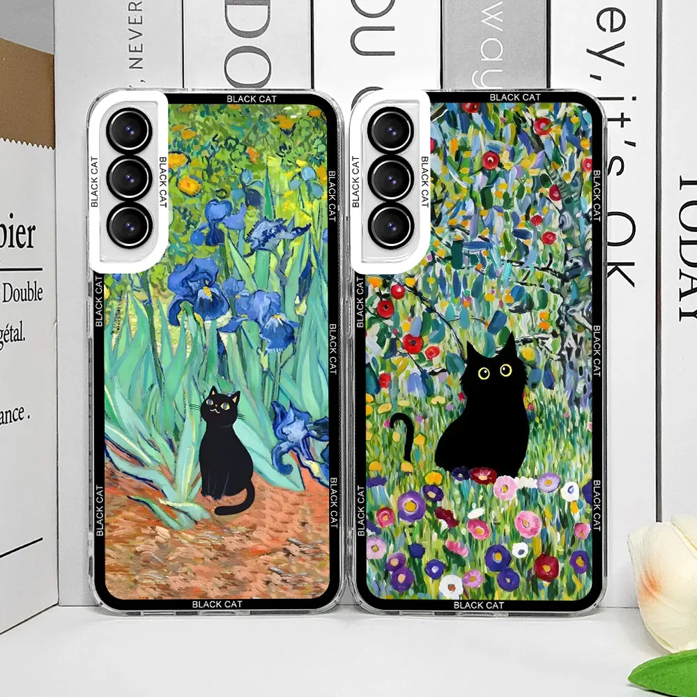 Retro Oil Painting Van-Gogh Flower Art Cat Phone Case for Samsung Galaxy S24 S23 Ultra S22 Plus S21 S20 FE 5G Clear Cover Fundas