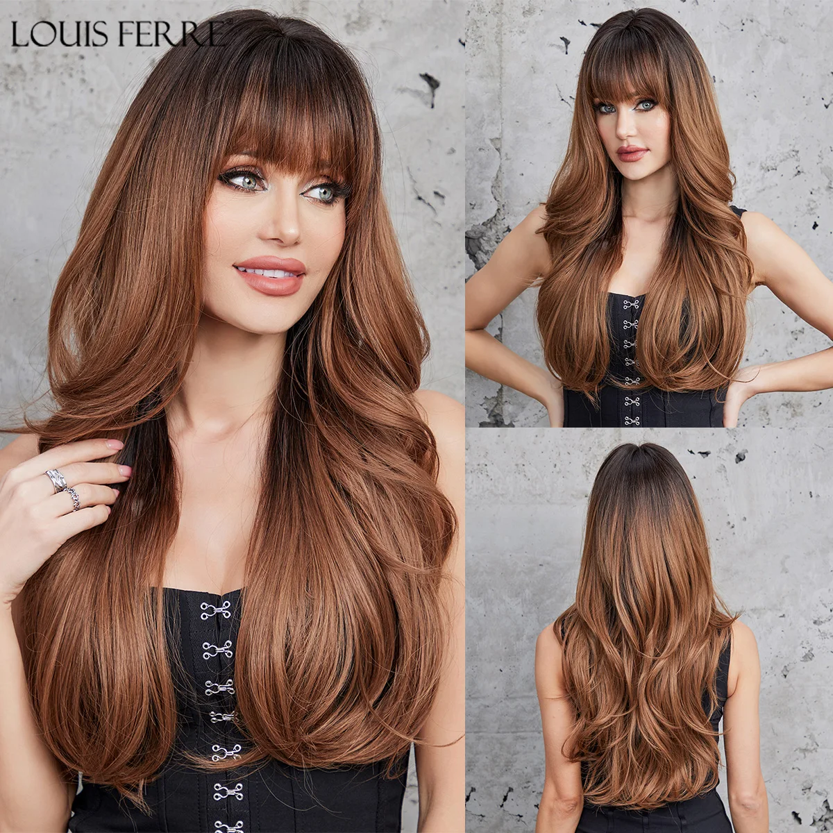 LOUIS FERRE Brown Ombre Natural Wave Wig for Black Women Long Wavy Synthetic Daily Wigs with Bangs Cosplay Heat Resistant Wig