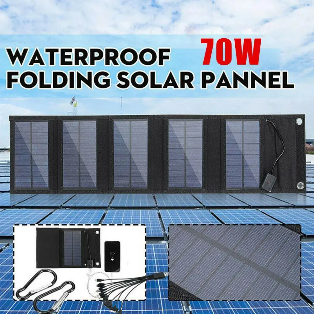 

70W Foldable Solar Panel 5V USB Portable Battery Charger for Cell Phone Outdoor Waterproof Power Bank for Camping Accessories