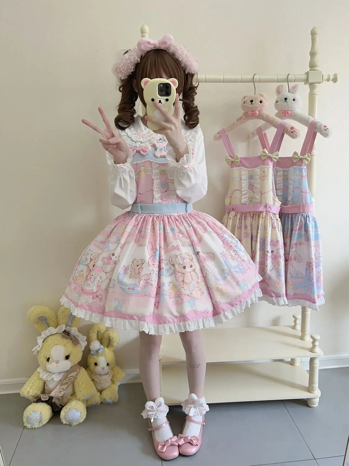 Japanese Sweet Dream Jsk Lolita Dress Kawaii Cute Bear Print Bow Lace Strap Dresses Girl Harajuku Princess Mini Dress