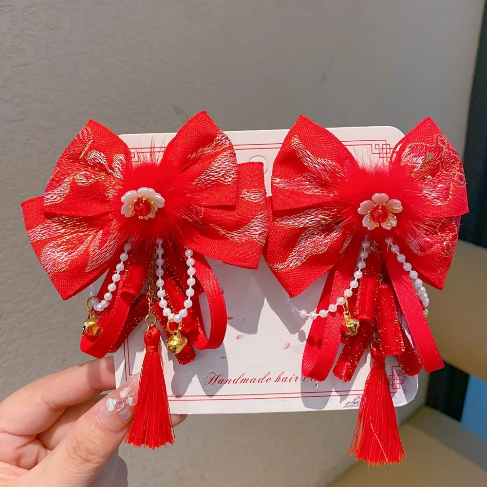 

Cute Lion Children's Chinese Hairpin Plush Ball Flower Embroidered Bow Headwear Tassel Bow Ancient Style Hair Clip Gift